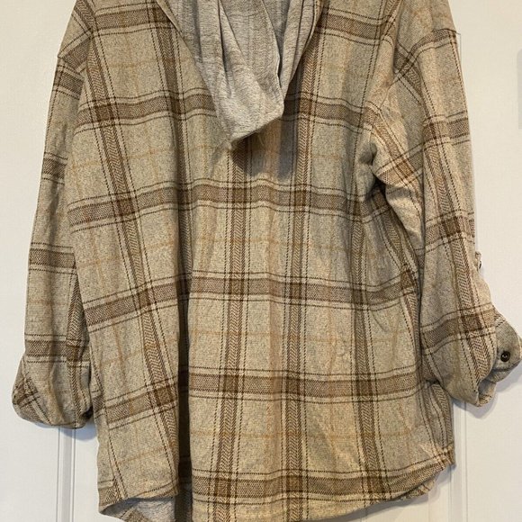 Kontrol Brown Plaid Button Down Hooded 3/4 Sleeve Front Pocket Shirt  L - Picture 2 of 4